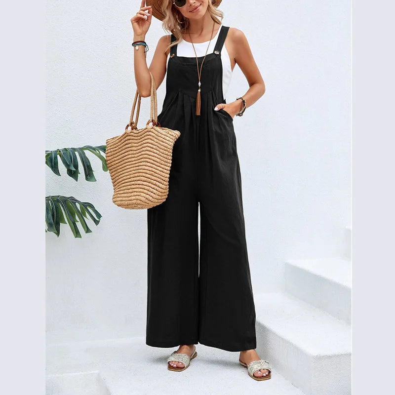 Cotton Casual Suspenders Women's Wear Loose Wide Leg Pants Solid Color Fashion One Piece Pants Straight Cylindrical Jumpsuit
