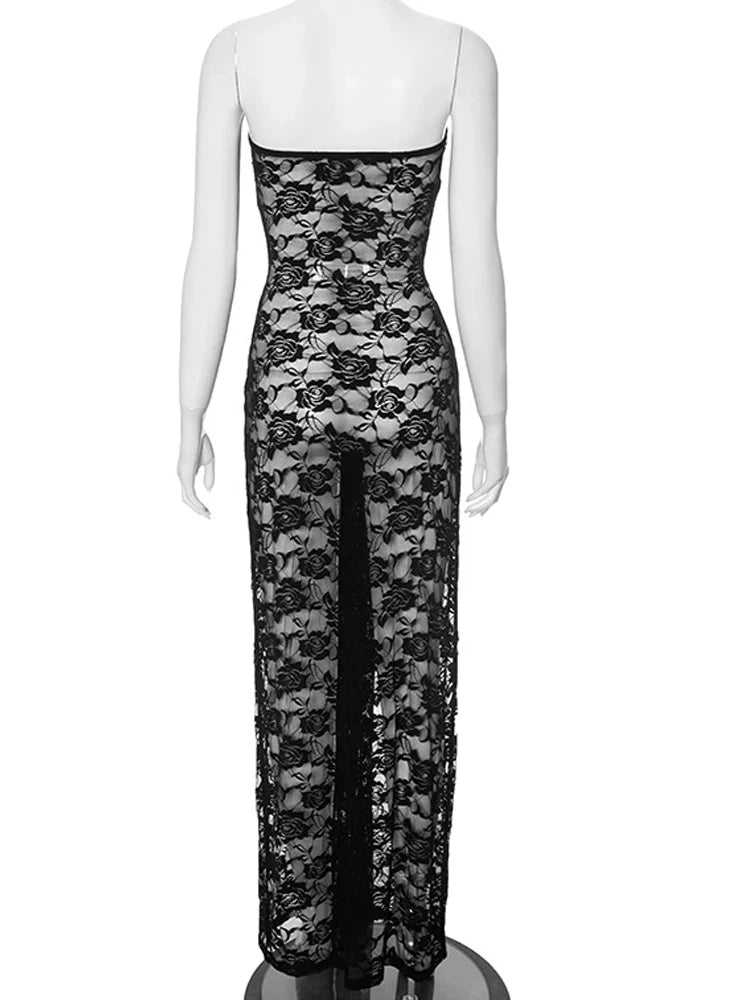 Women's Black Sheer Lace Long Straps Maxi Dress Sexy See-Through Floral Lace Slim Tube Dress Party Club Wear Vestidos