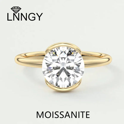 Lnngy 6.5MM Half Bezel Moissanite Ring for Women Exquisite 925 Sterling Silver Solitaire Rings Wedding Bands Fashion Jewelry