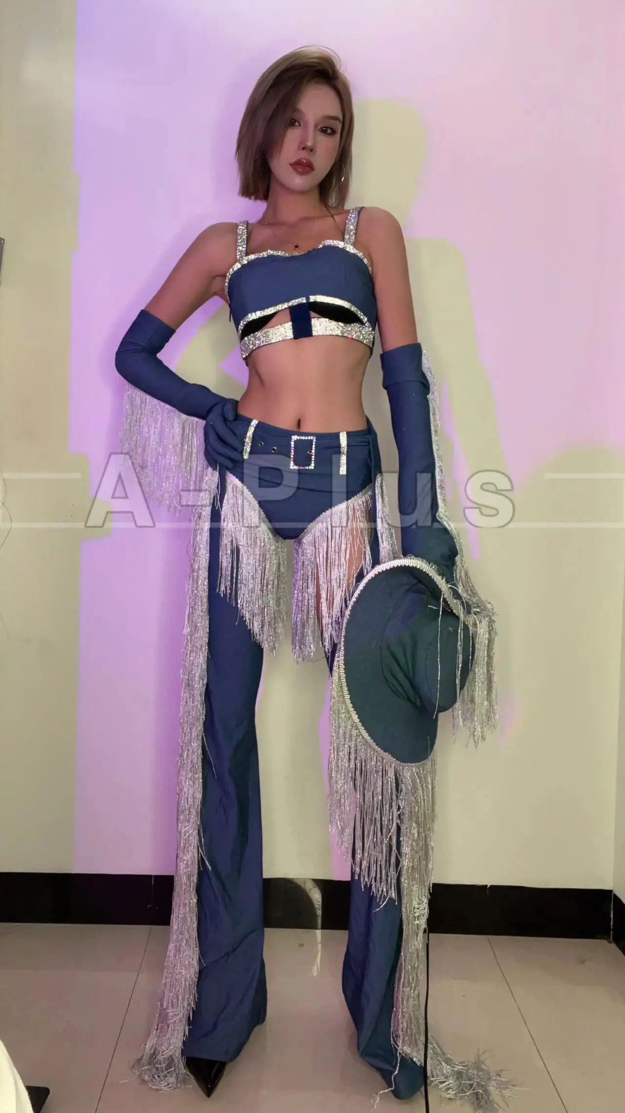 Tassel Hat Gloves Pants Denim Color Nicki Minaj bar gogo Halloween costume Dj Dance Sexy Nightclub DS Singer party  Stage Wear