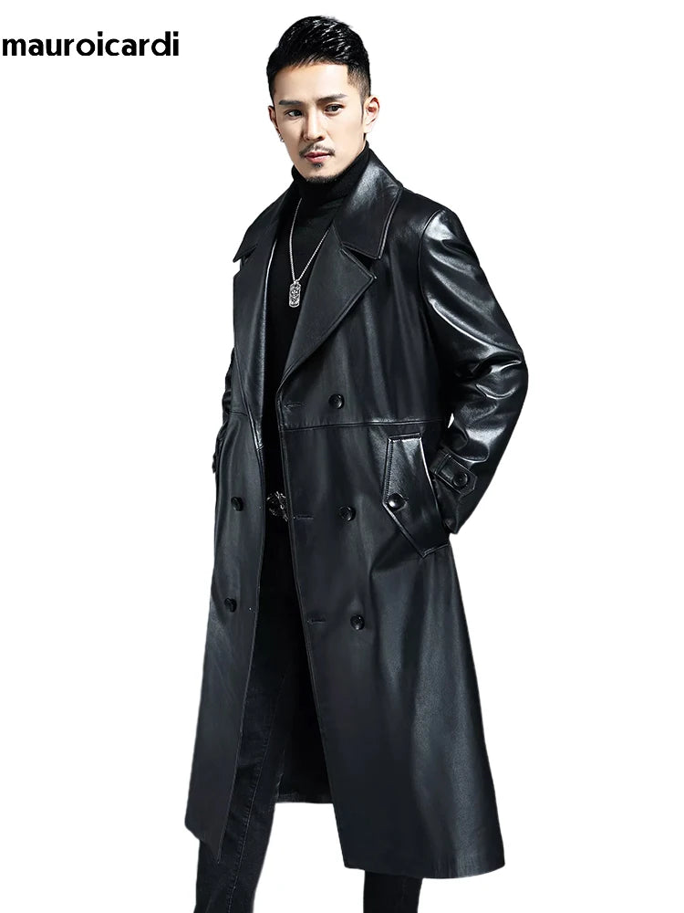 Long Cool Waterproof Black Pu Leather Trench Coat Men Double Breasted Plus Size Outerwear 4xl 5xl 2022