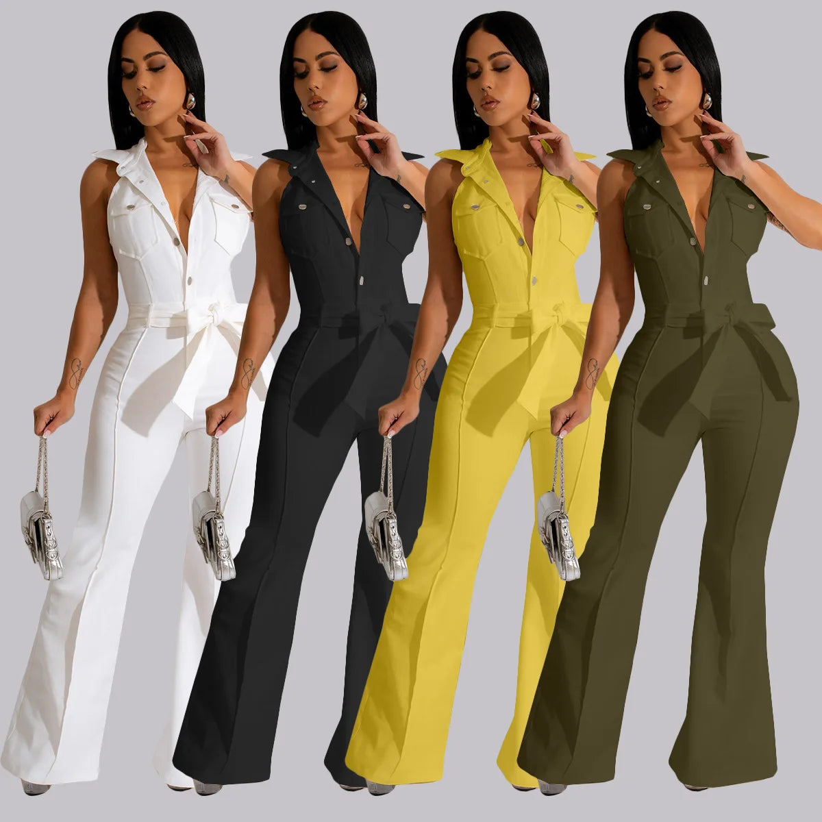 Spring/Summer Women's Clothing Solid Color Sleeveless Jumpsuit Fashion Wide Leg Pants Sexy Single-Breasted Jumpsuit With Belt