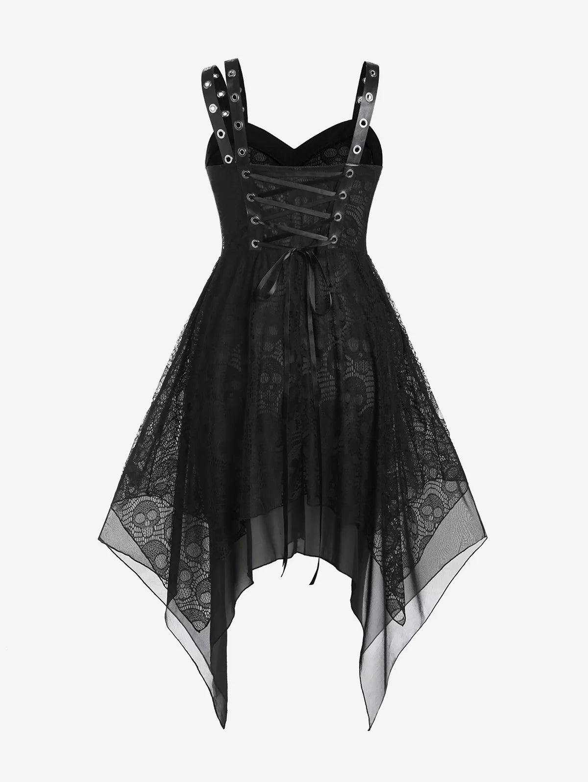 Floral Print Lace Up Handkerchief Midi Dresses Summer Buckle Straps Sweetheart Neck Grommets Asymmetrical Gothic Dress