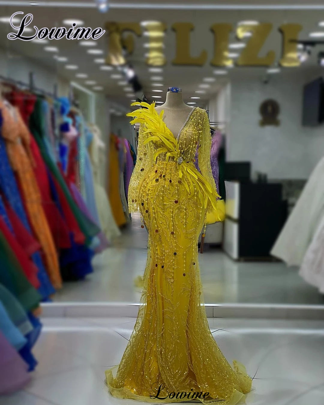 New Fashion Gold Mermaid Evening Dresses Luxury Long Sleeves Celebrity Dresses Designer Opening Ceremony Dresses Robes De Soirée