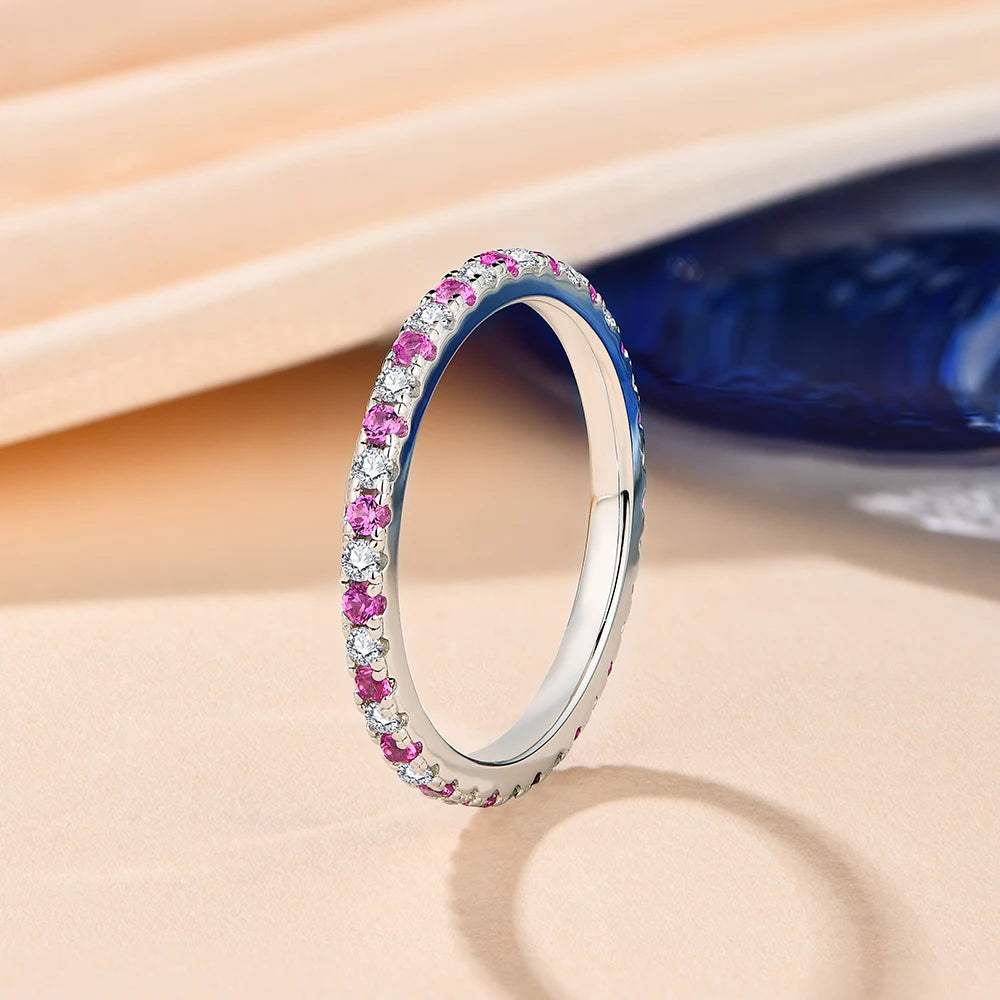 CHARMING Moissanite Wedding Ring 1.5mm D Color 925 Sterling Silver with Sparkling Diamond 18K Gold Pink Sapphire VSS1 Design