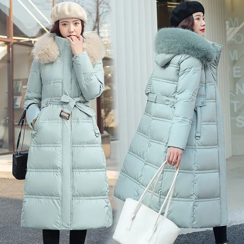 Winter New Down Cotton Parkas Jacket Women's X-Long Faux Fur Collar Padded Jacket Thick Loose Large Size Padded Jacket