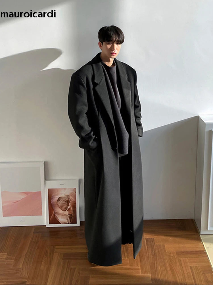 Extra Long Warm Black Loose Casual Wool Blends Coat Men Luxury Floor Length Overcoat Fashion