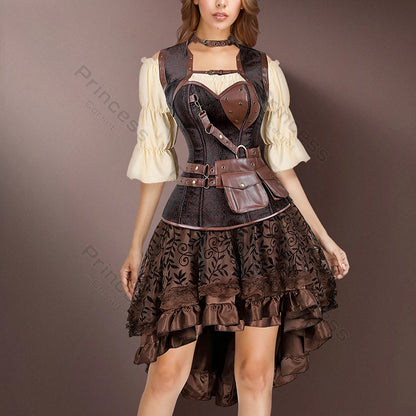 Brown Pirate Dress Plus Size Faxu Leather Steampunk Corset Dress with Shoulder Off Blouse Cosplay Pirate Costume for Women