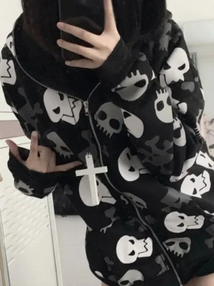 Person taking a mirror selfie wearing a Maramalive™ Gothic Punk Skull Hoodies Women Mall Goth Tops Streetwear Black Long Sleeve Zip Up Hooded Sweatshirt 2022 Autumn, perfectly capturing the Autumn 2022 streetwear vibes, and holding a white cross keychain.