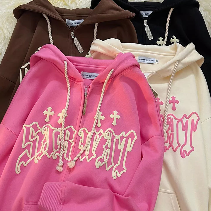 Four Goth Embroidery Hoodies Women High Street Retro Hip Hop Zip Up Hoodie Loose Man Sweatshirt Hoodie Clothes Y2K Hoodies from Maramalive™ are displayed; one brown, one black, one pink, and one cream. Each hoodie features the word "SACREMENT" in gothic-style lettering on the front, adding a touch of streetwear flair to these comfy essentials.