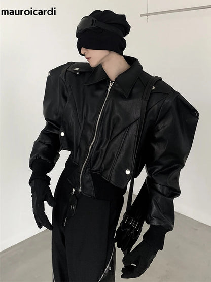 Cool Handsome Short Oversized Black Pu Leather Jacket Men with Shoulder Pads Long Sleeve Zipper 2023