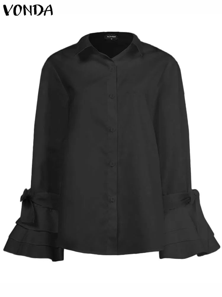 New Women Shirts Spring Summer Sexy Turn-down Collar Flare Sleeve Party Tops Office Shirt Casual Blusas: Black long-sleeve shirt with button-down front and ruffled flared cuffs, featuring a collar and bows on the sleeves. Branded "Maramalive™.