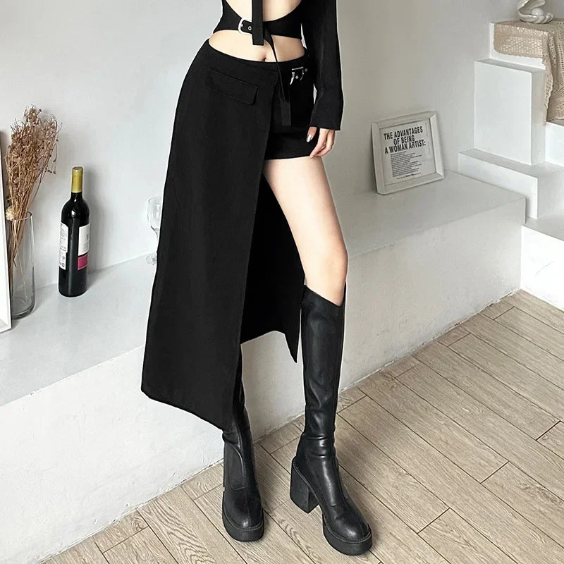 Goth Dark Skirts Techwear Gothic Patchwork Sexy Mini Women Grunge Irregular Hem High Waist Cargo Skirt Hip Hop Black Summer 2023