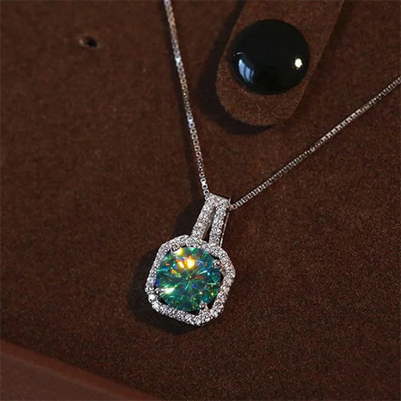 Green moissanite silver wedding necklace gift.