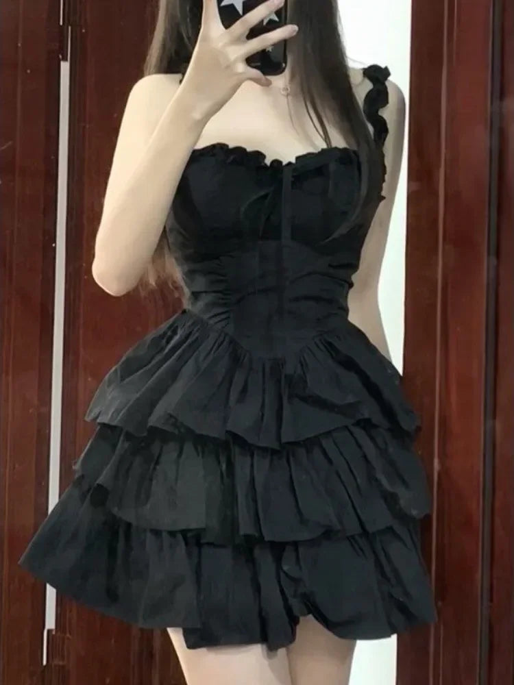 Gothic Goth Lolita Cute Black Ruffles Dress Soft Girl Y2k 2023 Fashion Cake Party Short Dresses