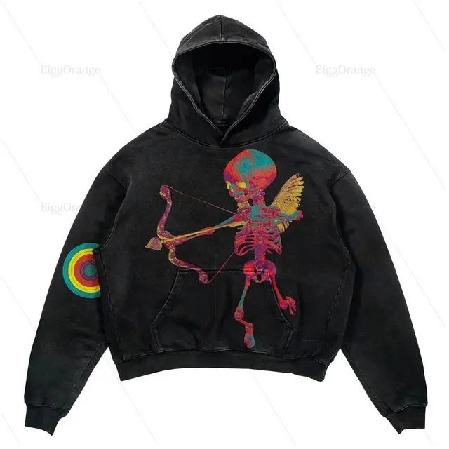 A black hoodie featuring a colorful skeleton with wings drawing a bow and arrow on the front, resembling the Maramalive™ Explosions Printed Skull Y2K Retro Hooded Sweater Coat Street Style Gothic Casual Fashion Hooded Sweater Men's Female, and an eye-catching multicolored target on the left sleeve.