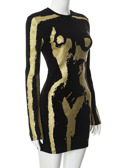 Will Shine Glitter Mini Dress Black Women's O Neck Slim Print Fitted Night Out Dress Clothing Female Vestidos Clubwear