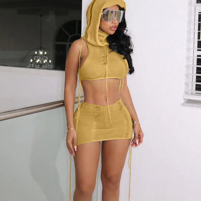 Streetwear Crochet Knit Co Ord Sets for Women Two Piece Outfits 2023 Hole Hooded Crop Top and Mini Skirts Y2K Night Club Outfit