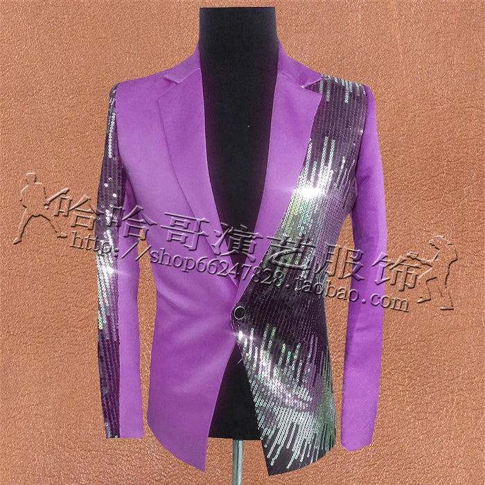 8 Colours Large Size XS-5XL Men's Dress Suit Clothing Stage Half-Sequin Male Singer Emcee Host Costume Slim Blazer Mujer Homme