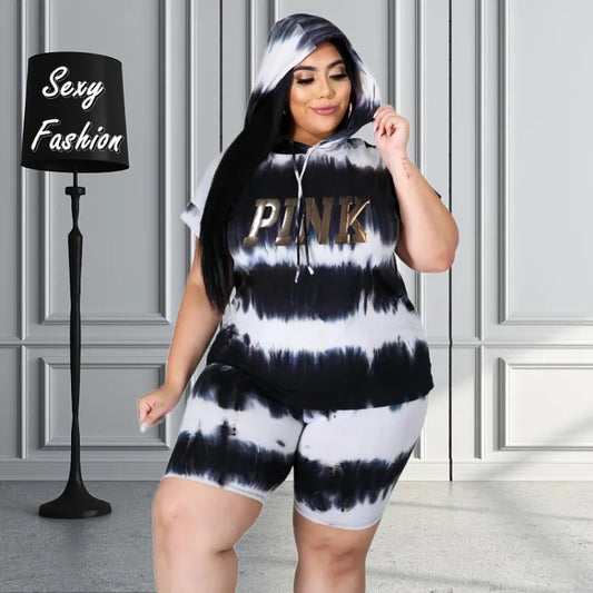 XL-4XL Plus Size Matching Sets Women Clothing Summer 2023 Fashion Tie Dye Hoodies Short Sleeve Two Piece Sets Female Outfits