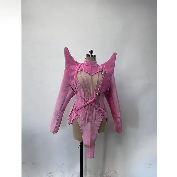 Sexy Women Pink Personalized Shoulder Pad Design Clothing Singer Dancer Dress Performance Costume Modern Dance Stage Outfit
