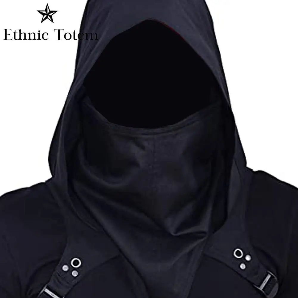 Men's Medieval Vintage Pirate Cosplay Mask Hooded Cloak Black White Gothic Punk Button Hood Face Shield Halloween Costumes