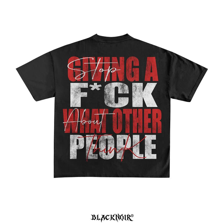 New street letter Print oversized t shirt men clothing graphic 2023 cotton American gothic high quality goth y2k tops with bold red and white text saying, "Stop giving a F*ck about what other people think." The design includes some text crossed out. Made of high-quality 2023 cotton, the graphic embodies a goth aesthetic. Brand name "Maramalive™" at the bottom.