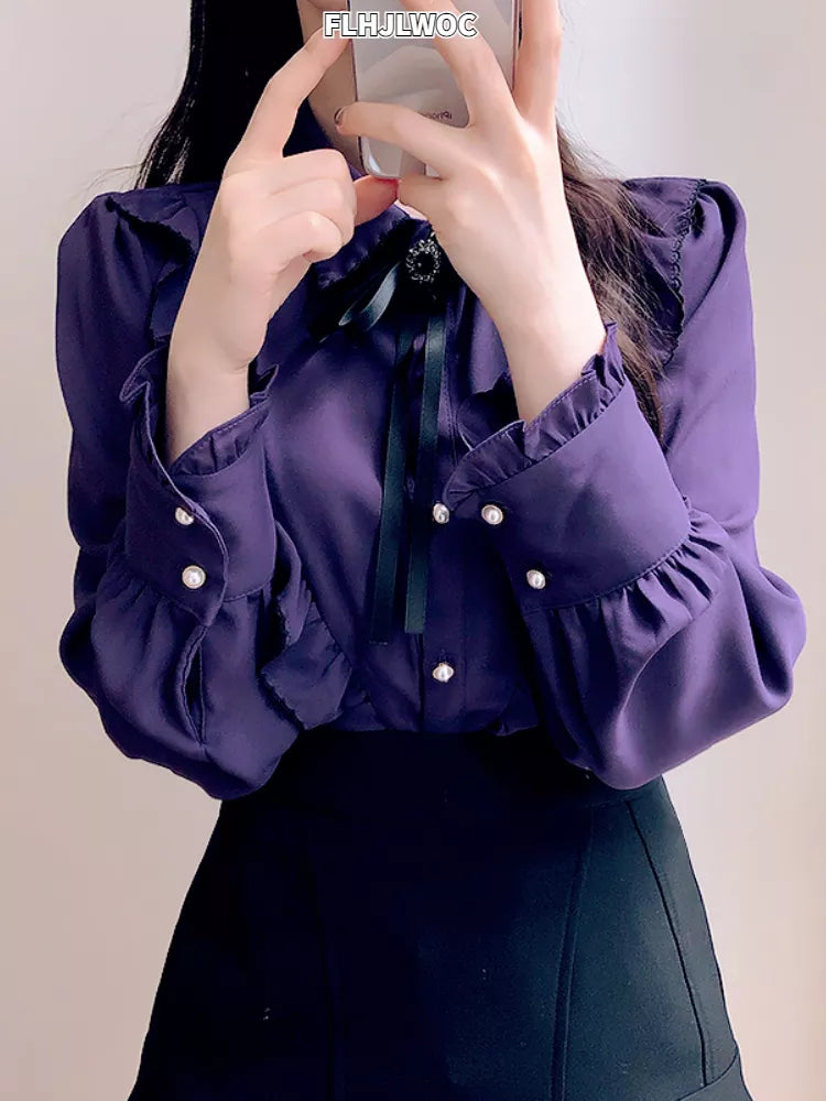 Woman Cute Sweet Girls Thin Semi Transparent Ribbon Bow Tie Retro Vintage Top Blusas Purple Green White Button Shirts