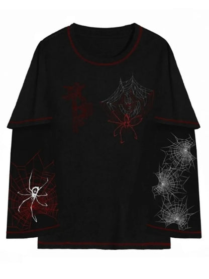 Maramalive™ Deeptown Y2k Gothic Spider T Shirt Women Goth Dark Streetwear Design Tees Black Long Sleeve Top 2023 Autumn Spring featuring spider web and spider designs in white and red colors on the chest and sleeves, perfect for those who love Y2K style tops. Ideal for autumn/winter women tops.collection.