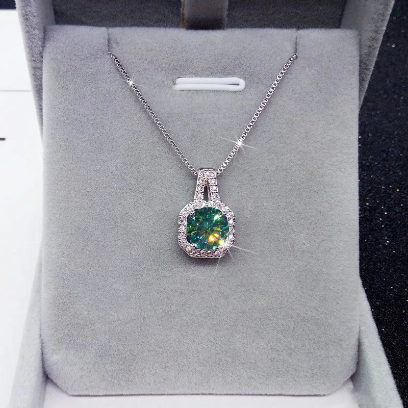 Green moissanite silver wedding necklace gift.