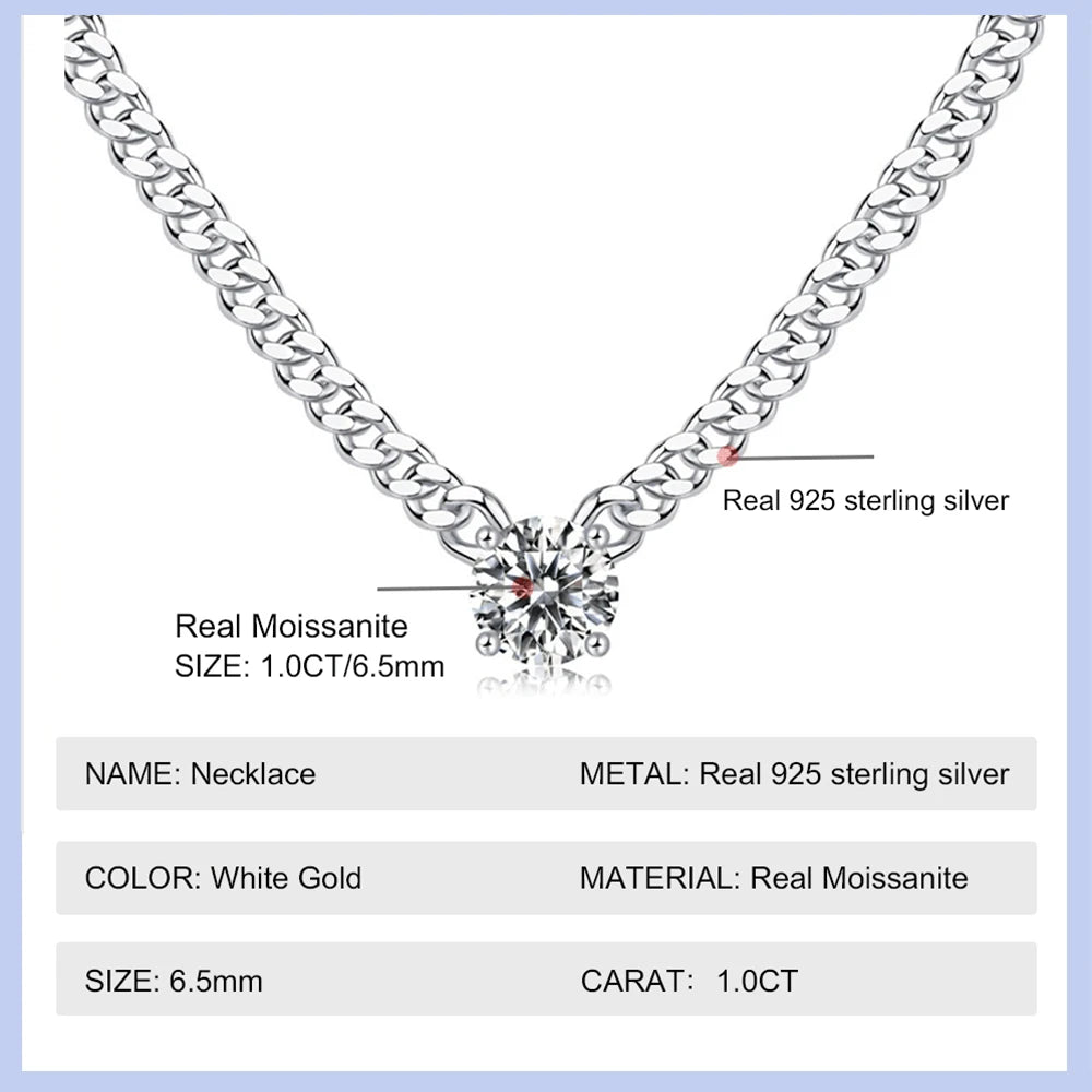 Cuban Chain 1 Carat Moissanite Pendant Necklace White Gold Plate 925 Sterling Silver Unisex Jewelry Hip Hop Style Gift