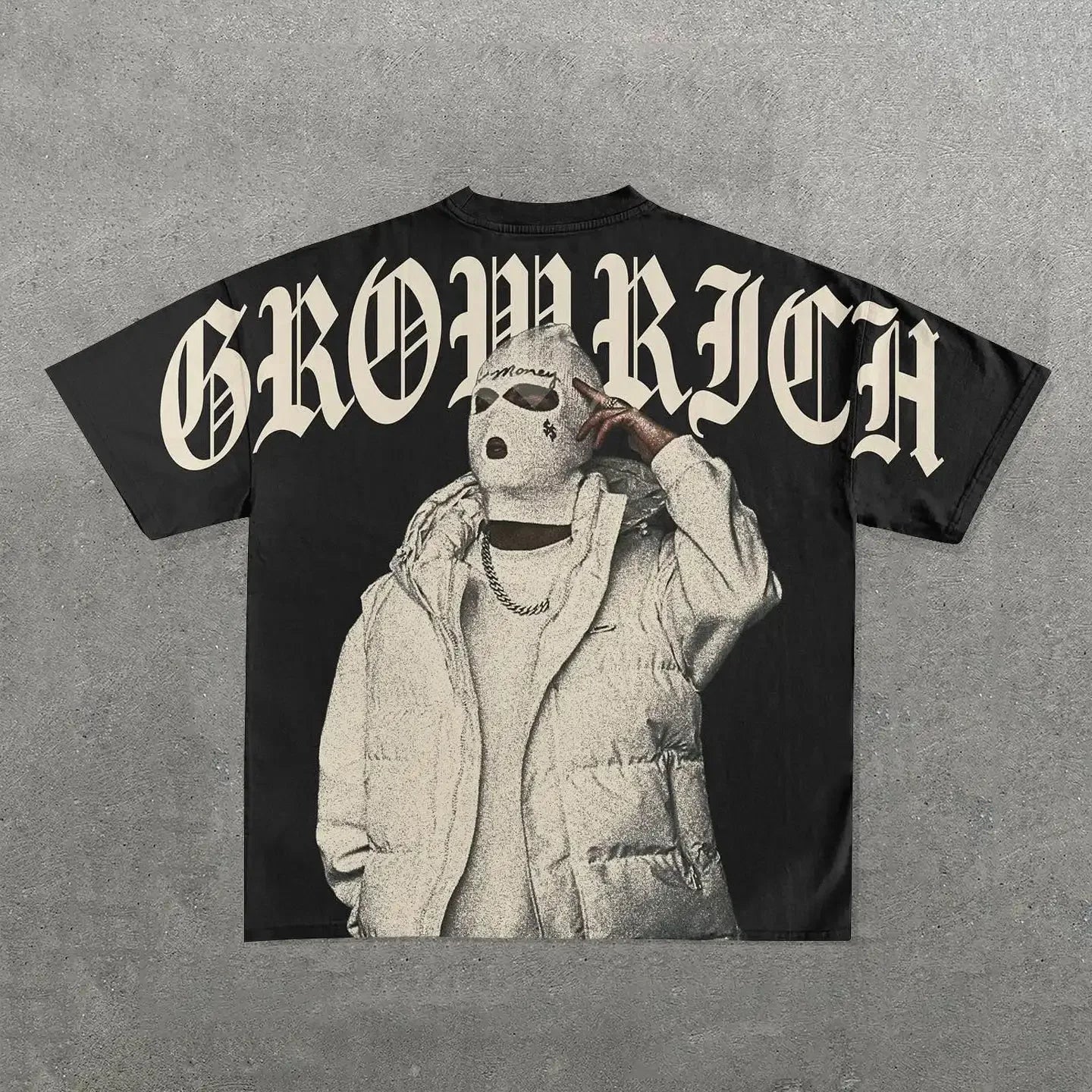 A black Punk Hip Hop Graphic T Shirts Mens Vintage Y2k Top Goth Oversized T Shirt Fashion Loose Casual Short Sleeve Streetwear featuring a graphic of a masked figure in a white puffer jacket, wearing a chain, with the words "GROW RICH" in large Gothic-style font above from Maramalive™.