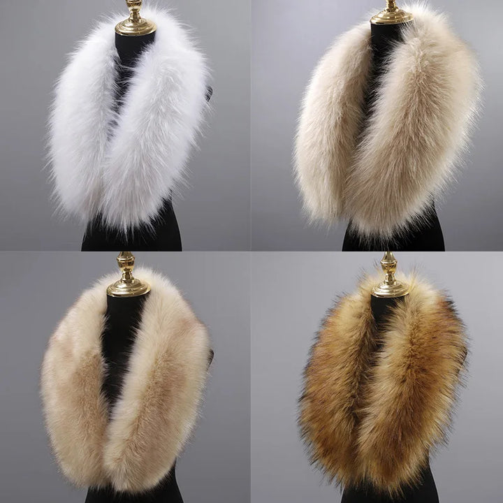 Four Faux Fur Collar Winter Large Faux Fox Fur Collar Fake Fur Coat Scarves Luxury Women Men Jackets Hood Shawl Decor Neck Collars from Maramalive™ are displayed on black mannequins against a gray background. Perfect for winter, these women's scarves vary in color: white, light beige, beige with brown tips, and a darker beige with brown tips.