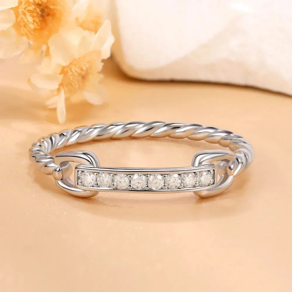 M-JAJA Moissanite Half Eternity Wedding Bands 925 Sterling Silver 18K White Gold Plated D Color Diamond Twist Link Ring Jewelry