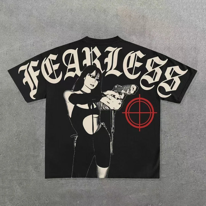 Black t-shirt with "FEARLESS" printed in large letters and a graphic of a woman holding a gun with a red target symbol. This Maramalive™ Punk Hip Hop Graphic T Shirts Mens Vintage Y2k Top Goth Oversized T Shirt Fashion Loose Casual Short Sleeve Streetwear exudes boldness, making it the perfect addition to any edgy wardrobe.