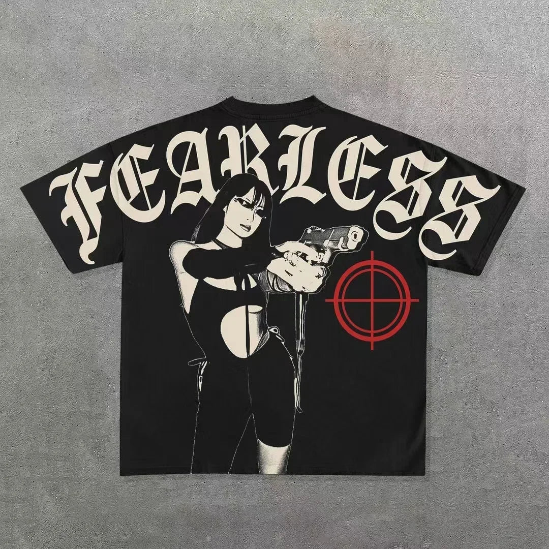 A black Maramalive™ Punk Hip Hop Graphic T Shirts Mens Vintage Y2K Top Goth Oversized T Shirt Fashion Loose Casual Short Sleeve Streetwear featuring a drawing of a woman holding a gun, the word "FEARLESS" above her, and a red target symbol to the right.