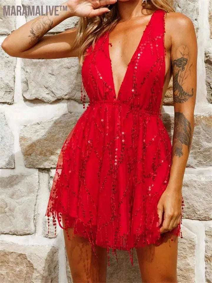 Sequined Tassels Patchwork Sexy Women Dress Beach 2023 Deep V-neck Halter Off Shoulder Backless High Waist Mini Dress