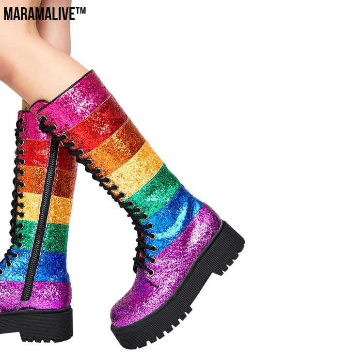 Sequins Color Matching Straps Boots Trifle Platform Contrast Color