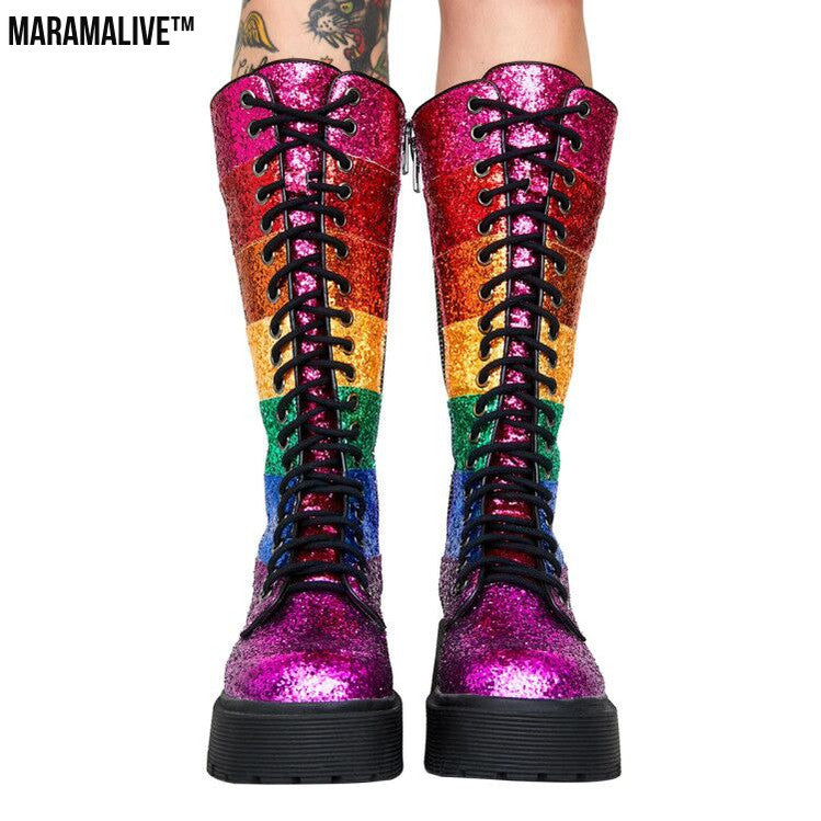 Sequins Color Matching Straps Boots Trifle Platform Contrast Color