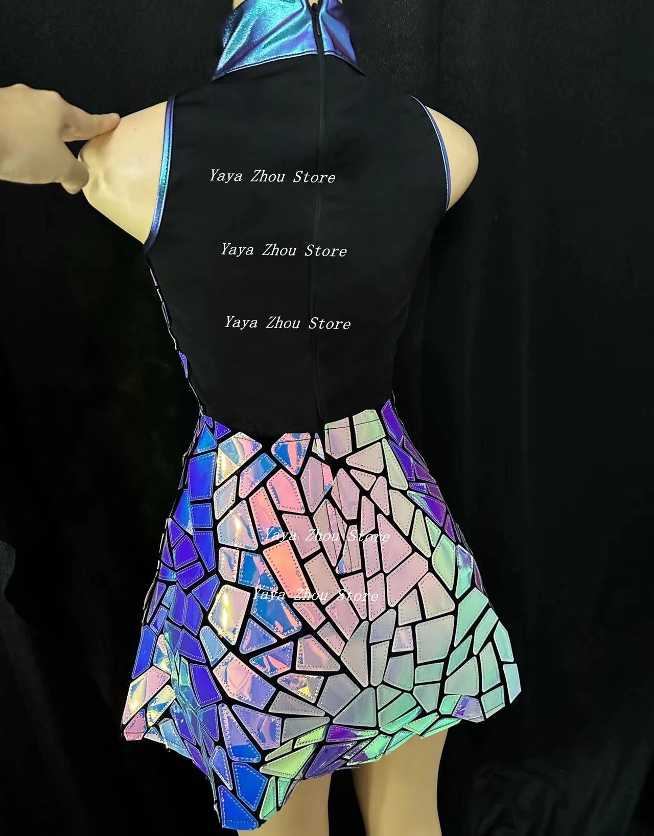 Sequins Purple Blue Laser Mirror Sleeveless Short Dress Women Singer Dancer Bar Nightclub Stage Wear Birthday Prom Show Costume