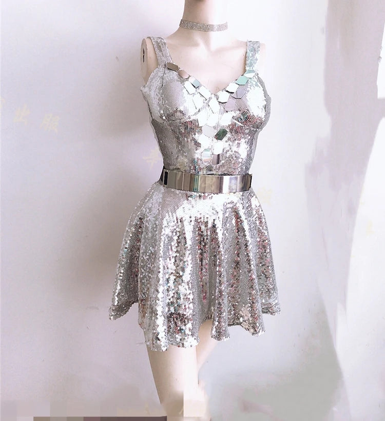 Sequins Sliver Laser Mirror Sleeveless Short Dress 4pcs Women Singer Dancer Bar Nightclub Stage Wear Birthday Prom Show Costume