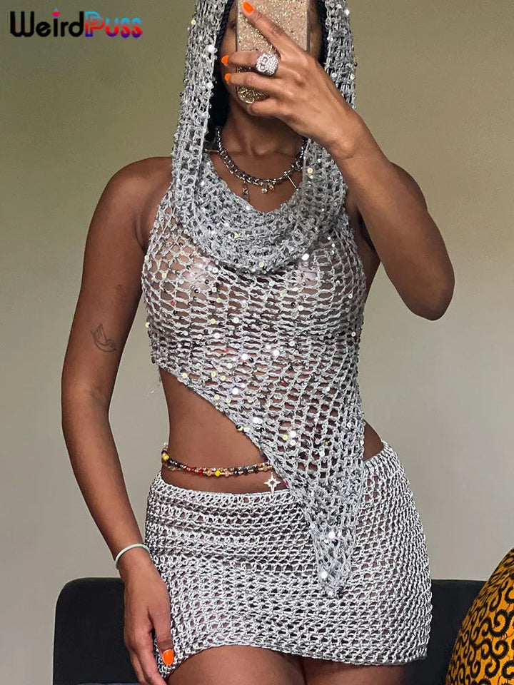 Sequins Women 2piece Set Sexy See Through Irregular Backless Hooded Tank Tops+Peach Hip Skirts Midnight Clubwear Suit