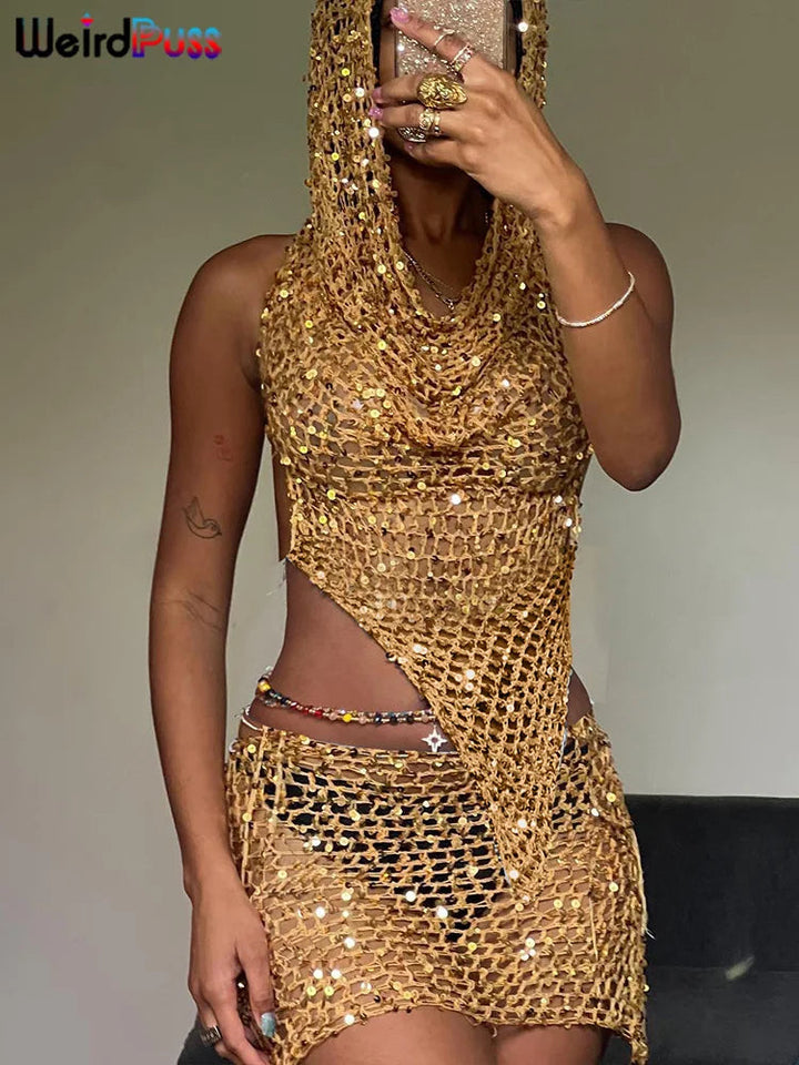 Sequins Women 2piece Set Sexy See Through Irregular Backless Hooded Tank Tops+Peach Hip Skirts Midnight Clubwear Suit