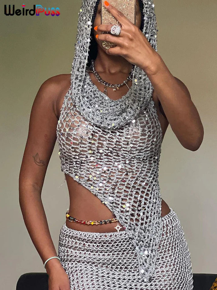 Sequins Women 2piece Set Sexy See Through Irregular Backless Hooded Tank Tops+Peach Hip Skirts Midnight Clubwear Suit