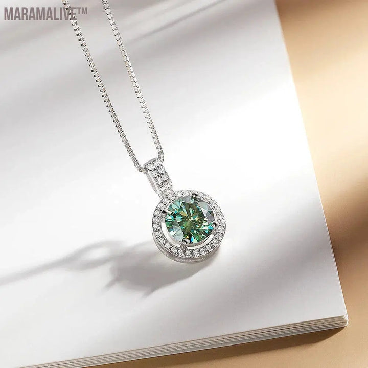 Serenity Day 2ct Green Moissanite Pendant Necklace For Women Wedding Gift S925 Sterling Silver Plate 18K White Gold Fine Jewelry