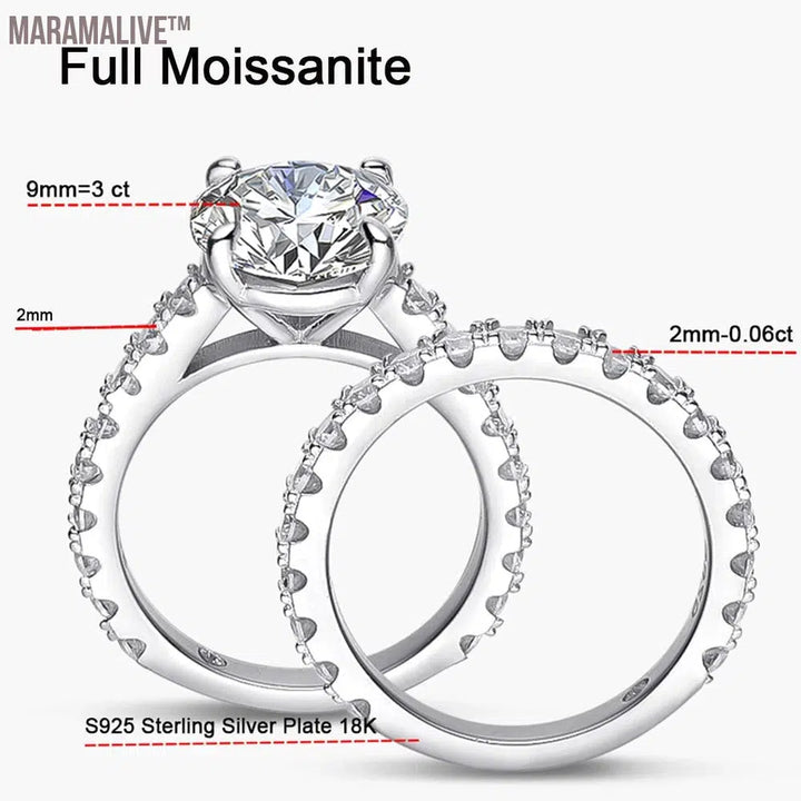 Serenty Day Four Claw D Color 9mm 3 Carat Full Moissanite Row Rings Set For Women S925 Sterling Silver Band Plated 18K