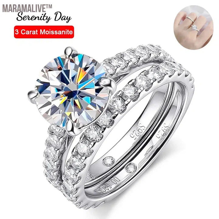 Serenty Day Four Claw D Color 9mm 3 Carat Full Moissanite Row Rings Set For Women S925 Sterling Silver Band Plated 18K