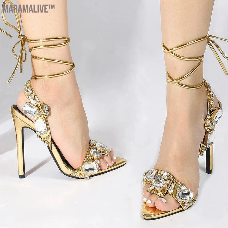 Sexy Ankle Strap Golden Sandals Women Party Nightclub Stripper Heels High Quality Crystal Diamond Pointed Toe Wedding Shoe