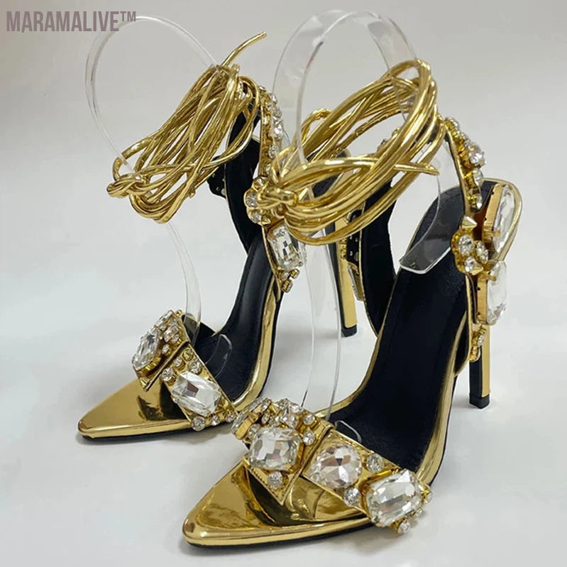 Sexy Ankle Strap Golden Sandals Women Party Nightclub Stripper Heels High Quality Crystal Diamond Pointed Toe Wedding Shoe