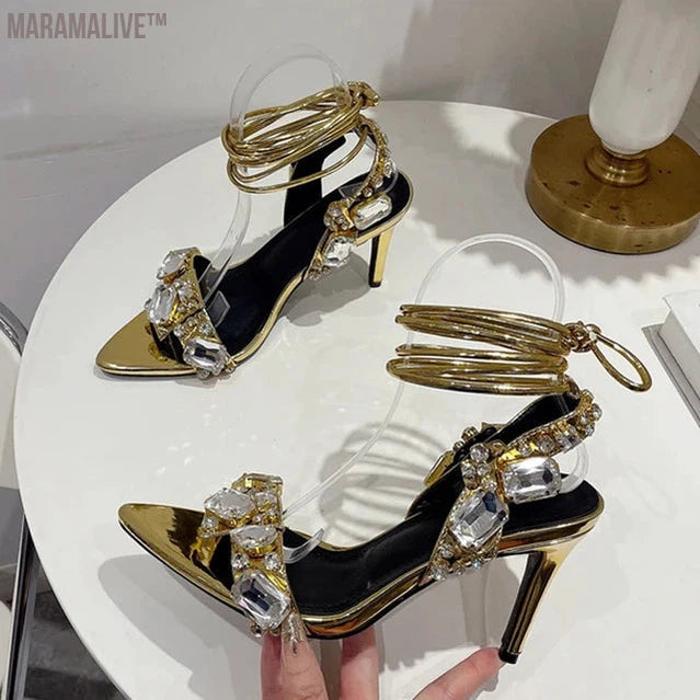 Sexy Ankle Strap Golden Sandals Women Party Nightclub Stripper Heels High Quality Crystal Diamond Pointed Toe Wedding Shoe